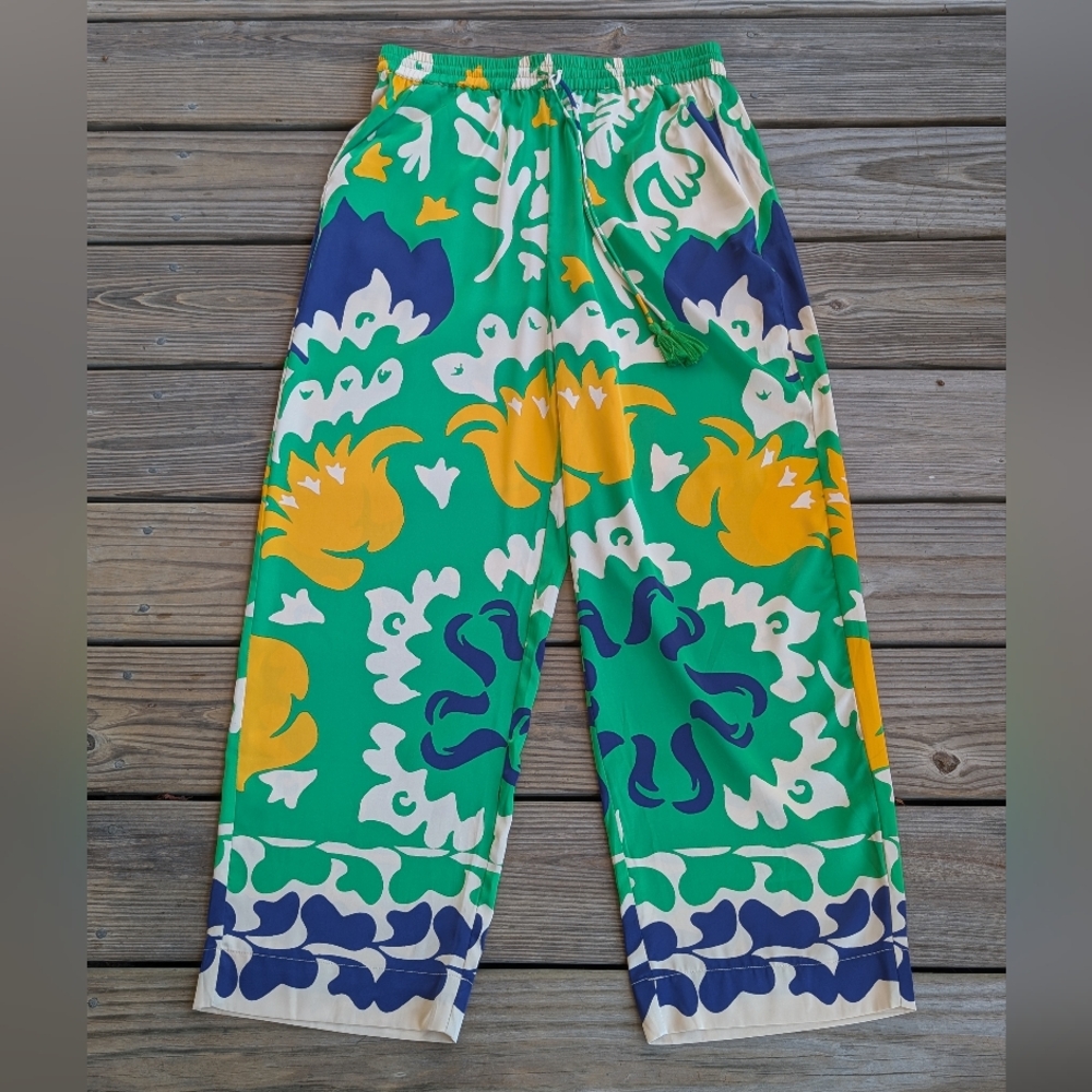 Rachel Zoe Wide Leg Boho Green Floral Pants - Picture 3 of 5